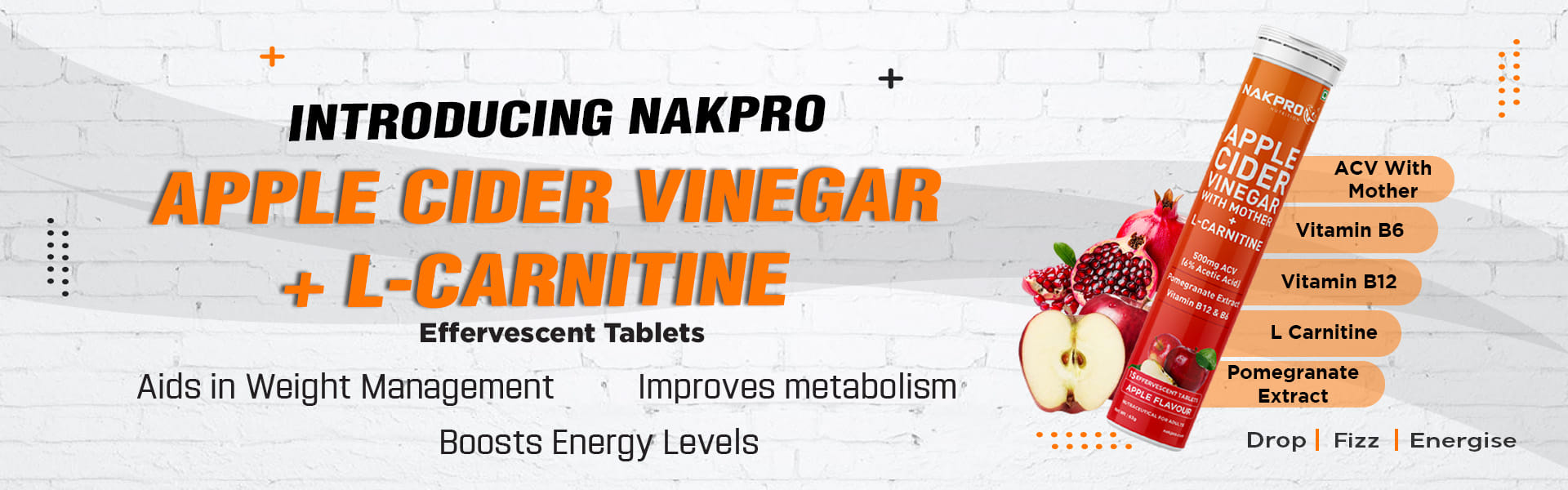 NAKPRO Apple Cider Vinegar Effervescent Tablet with mother, Vitamin B6 &  B12, Added L-Carnitine | 100% Veg, No Added Sugar